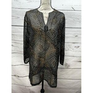 Byzance Black Geometric Print Sheer Tunic‎ Top Shirt Womens S M Beach Cover Up